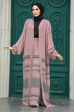 Neva Style - Etnik Desenli Vişne Tesettür Kimono İkili Takım 50042VSN - 4