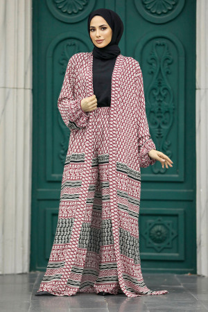 Neva Style - Etnik Desenli Vişne Tesettür Kimono İkili Takım 50042VSN - 3