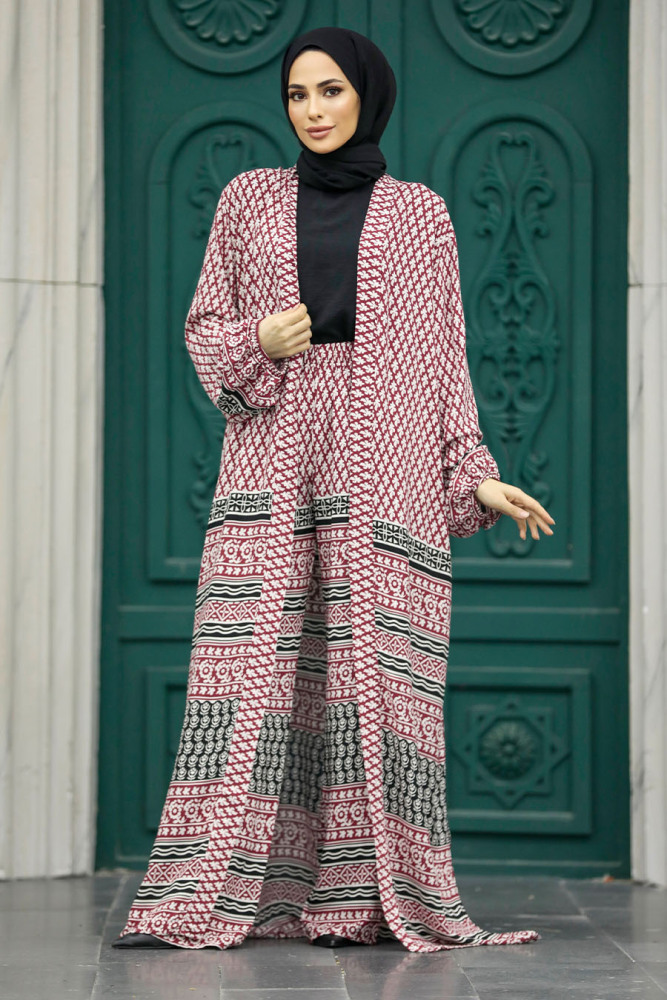 Neva Style - Etnik Desenli Vişne Tesettür Kimono İkili Takım 50042VSN - 3