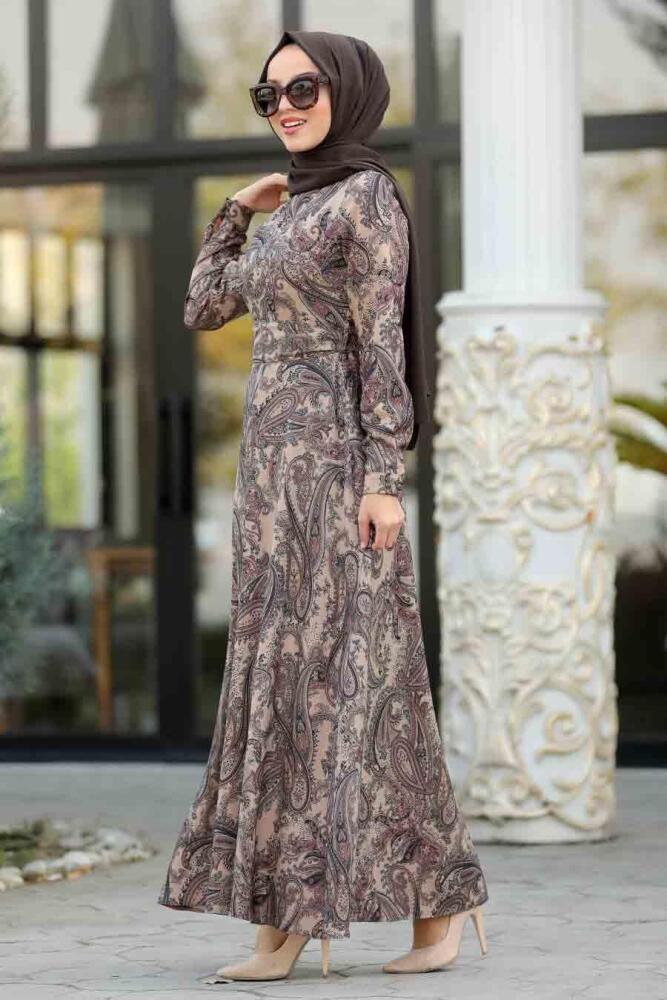 Neva Style - Etnik Desenli Vizon Tesettür Elbise 7591V - 1