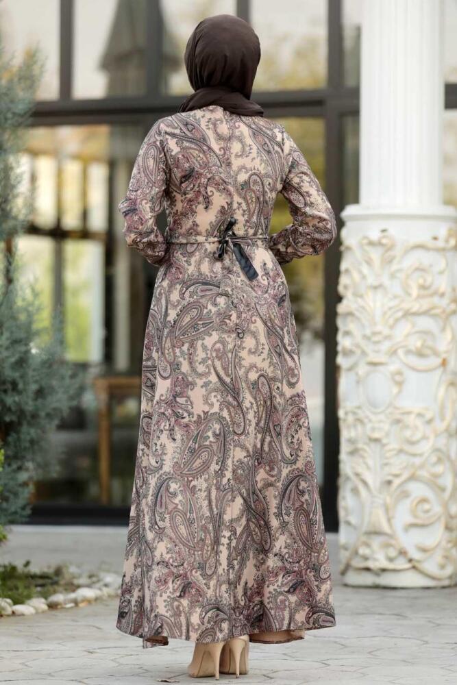 Neva Style - Etnik Desenli Vizon Tesettür Elbise 7591V - 2