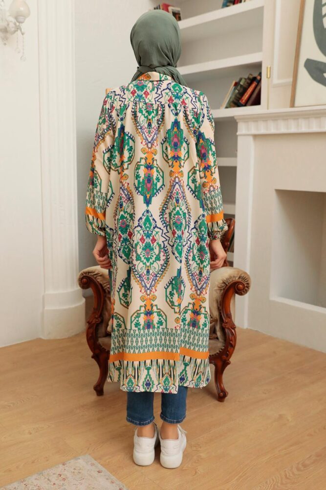 Neva Style - Etnik Desenli Yeşil Tesettür Tunik 226045Y - 2