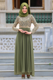 Neva Style - Evening Dress Khaki Green - 3094HK - Thumbnail