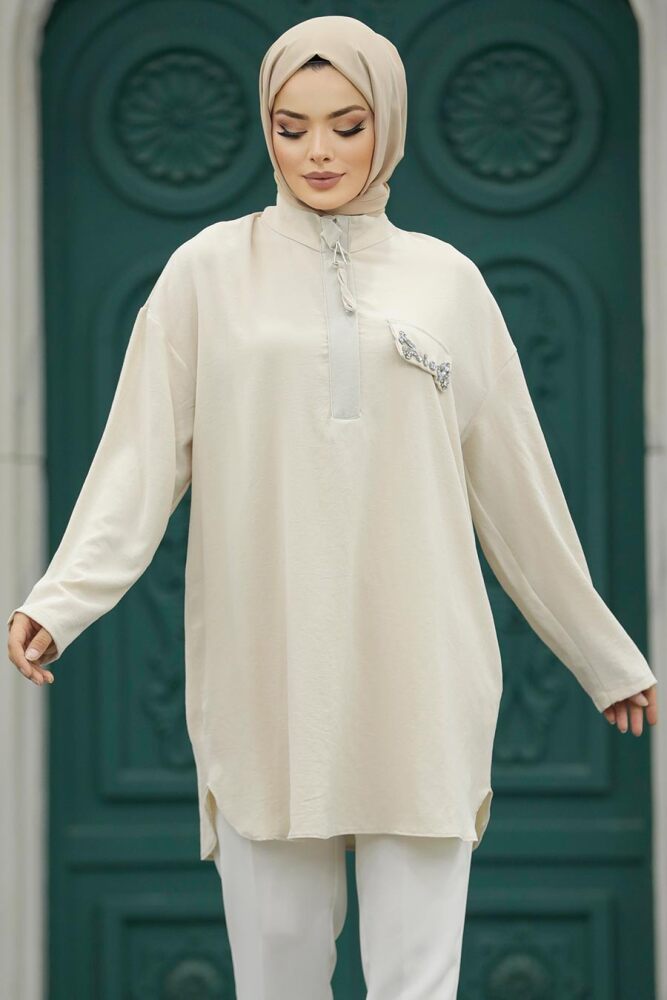 Neva Style - Fermuar Detaylı Bej Tesettür Tunik 10224BEJ - 1