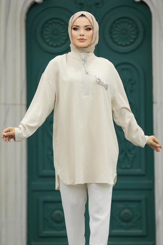 Neva Style - Fermuar Detaylı Bej Tesettür Tunik 10224BEJ - 2