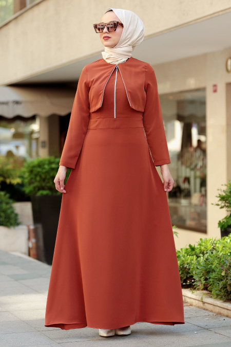 Neva Style - Fermuar Detaylı Taba Tesettür Elbise 4017TB