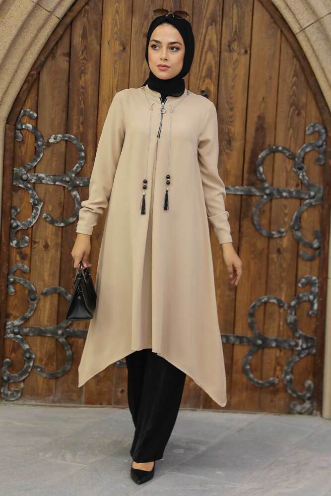 Neva Style - Fermuar Detaylı Vizon Tesettür Tunik 24460V - 2