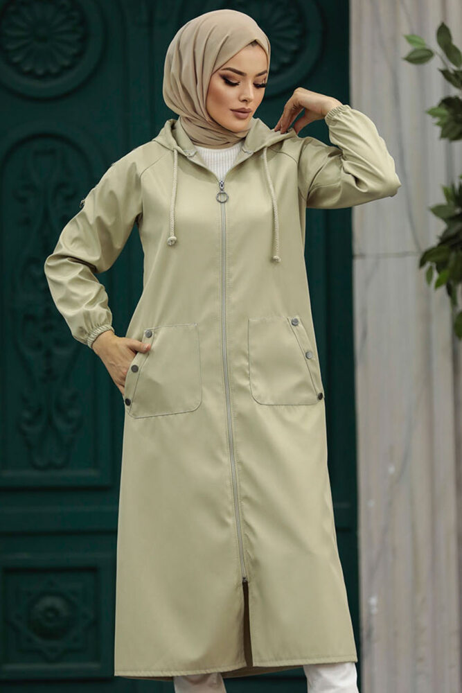 Neva Style - Fermuarlı Açık Haki Tesettür Trençkot 5511AHK - 1