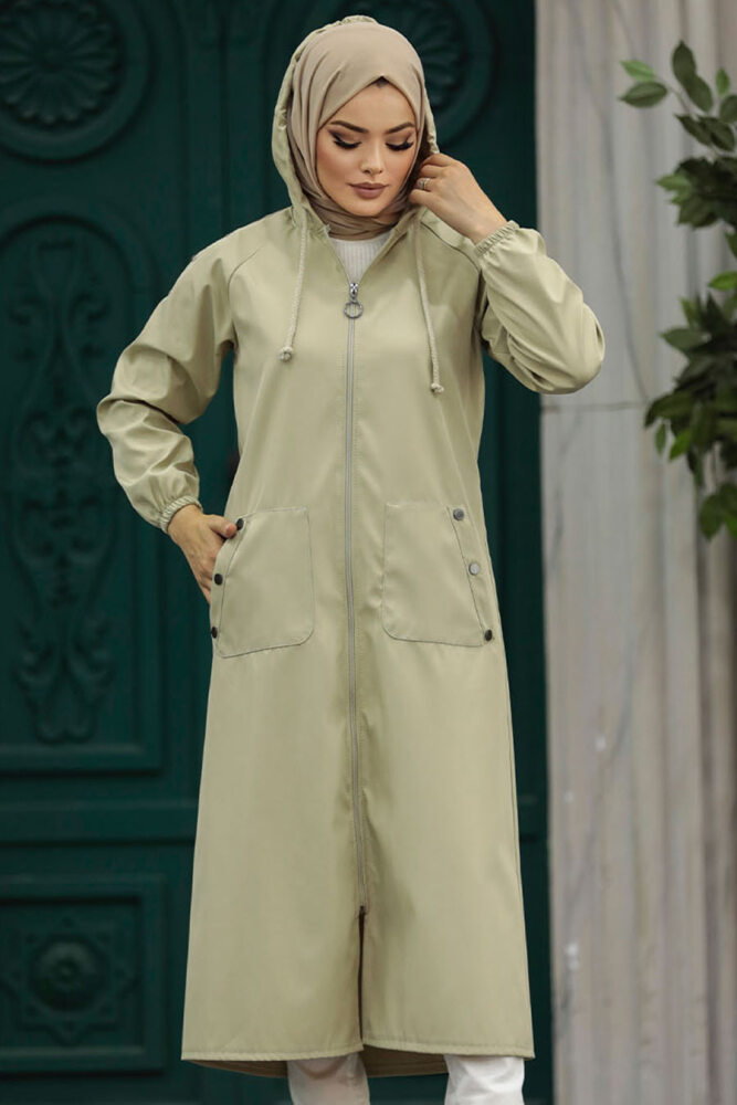 Neva Style - Fermuarlı Açık Haki Tesettür Trençkot 5511AHK - 2