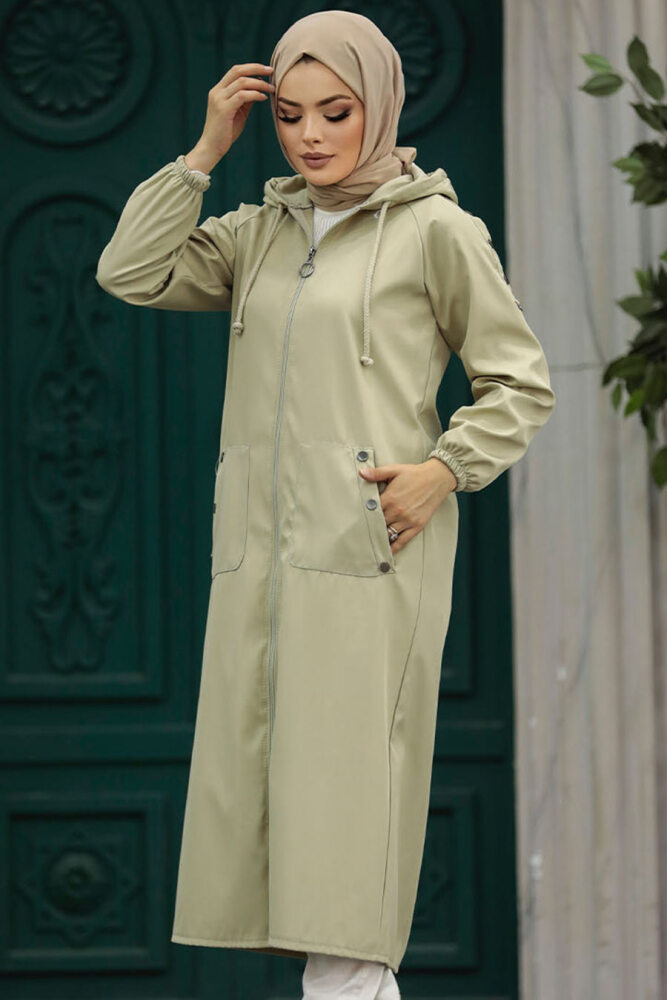Neva Style - Fermuarlı Açık Haki Tesettür Trençkot 5511AHK - 3