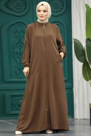Neva Style - Fermuarlı Açık Kahverengi Tesettür Ferace 11070AKH - 1