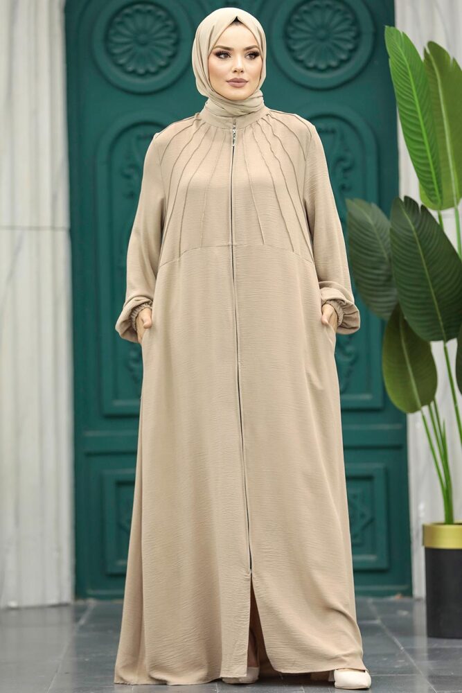 Neva Style - Fermuarlı Bej Tesettür Ferace 11065BEJ - 1
