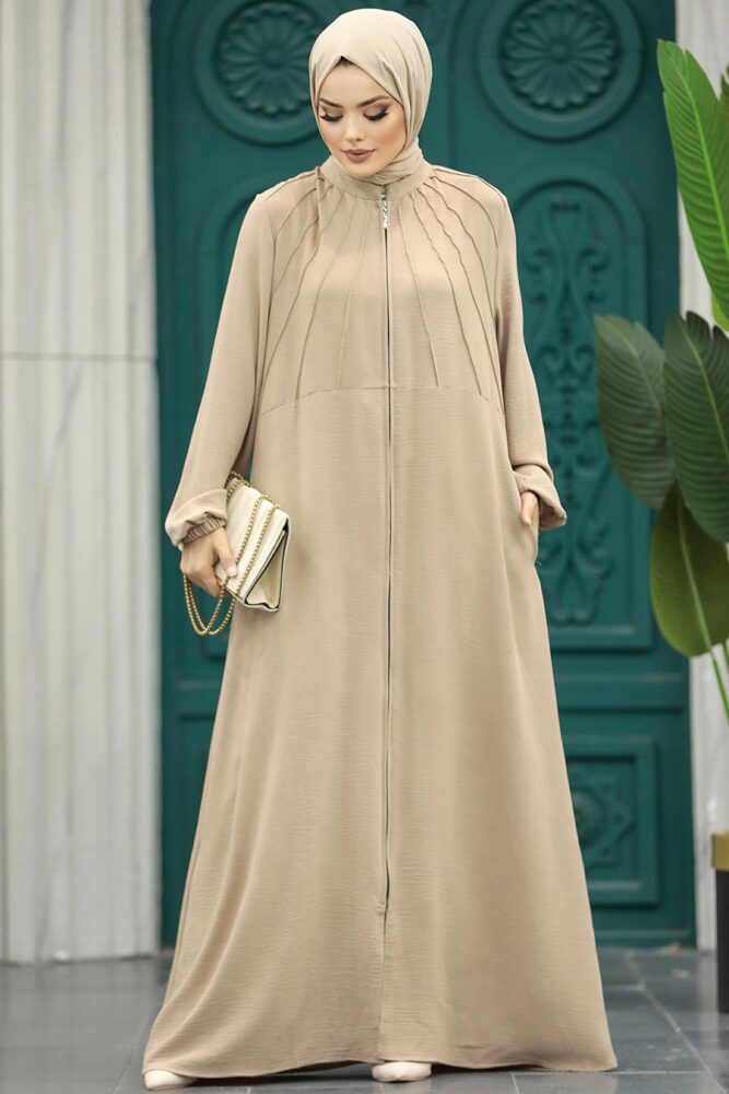 Neva Style - Fermuarlı Bej Tesettür Ferace 11065BEJ - 3
