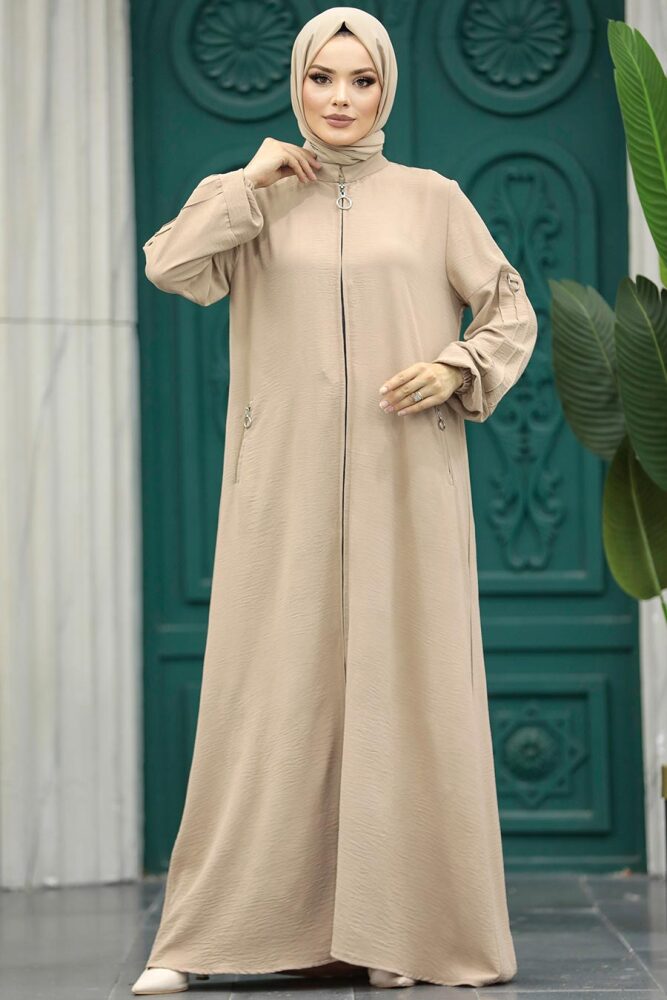 Neva Style - Fermuarlı Bej Tesettür Ferace 11070BEJ - 1