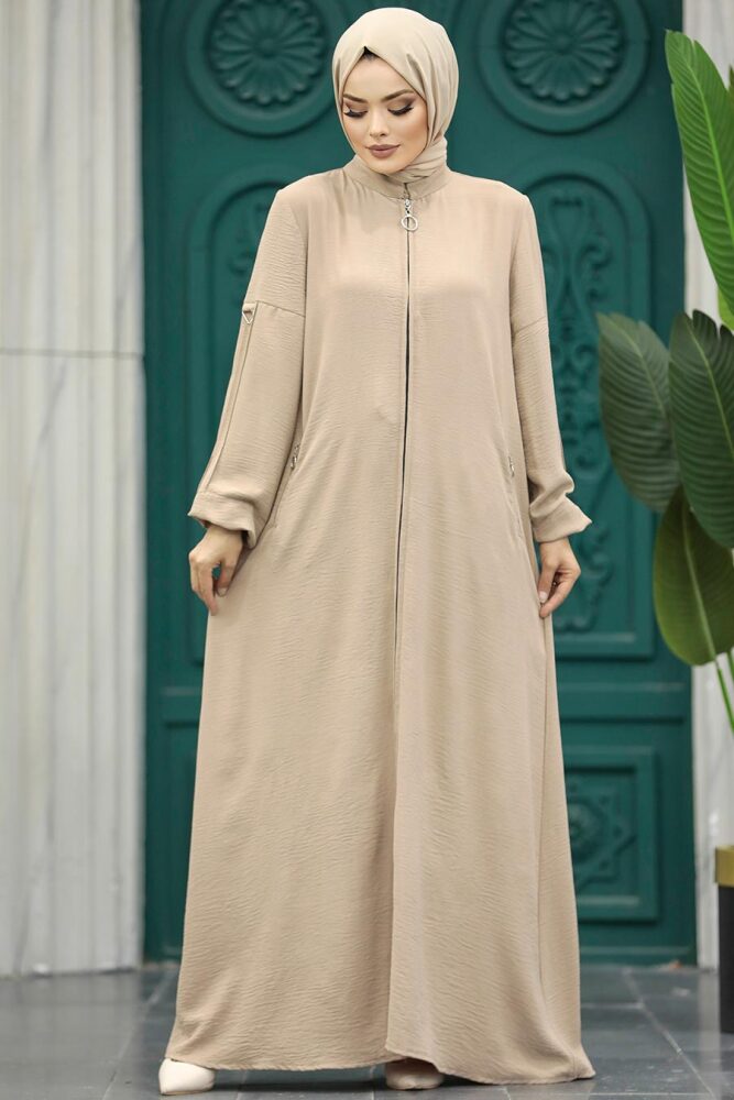 Neva Style - Fermuarlı Bej Tesettür Ferace 11070BEJ - 2