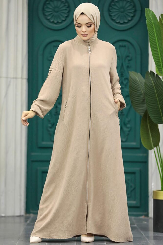 Neva Style - Fermuarlı Bej Tesettür Ferace 11070BEJ - 3