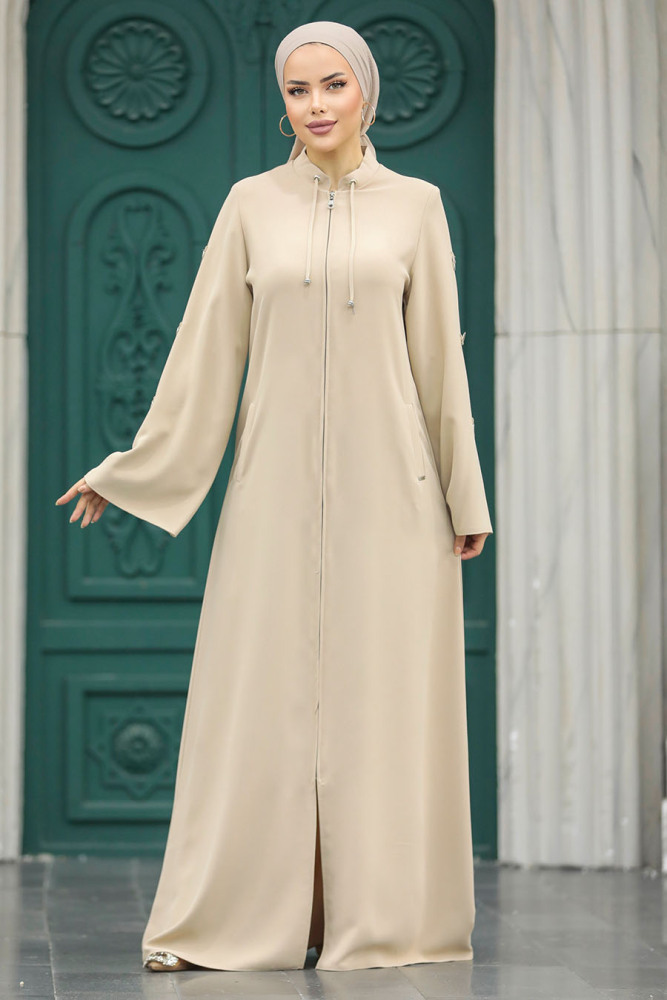 Neva Style - Fermuarlı Bej Tesettür Ferace 20030BEJ - 2