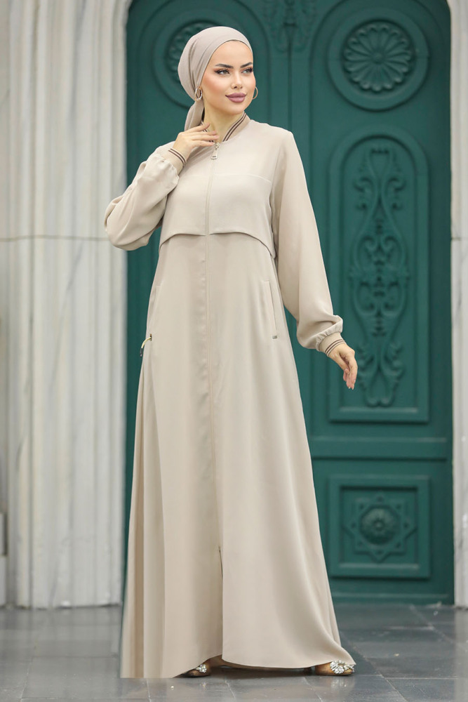 Neva Style - Fermuarlı Bej Tesettür Ferace 20075BEJ - 1