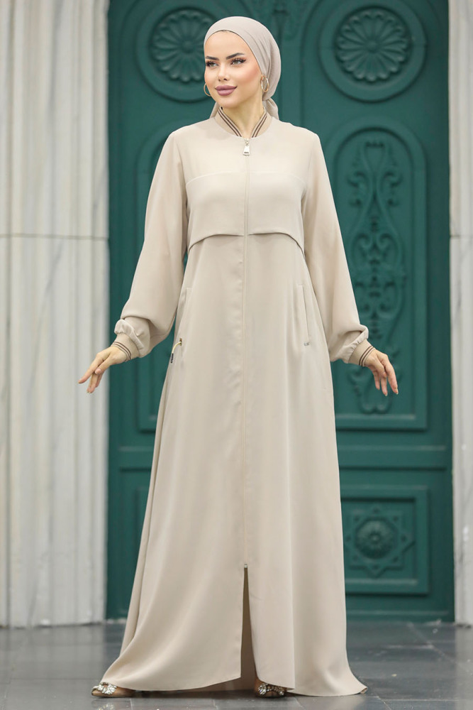 Neva Style - Fermuarlı Bej Tesettür Ferace 20075BEJ - 2