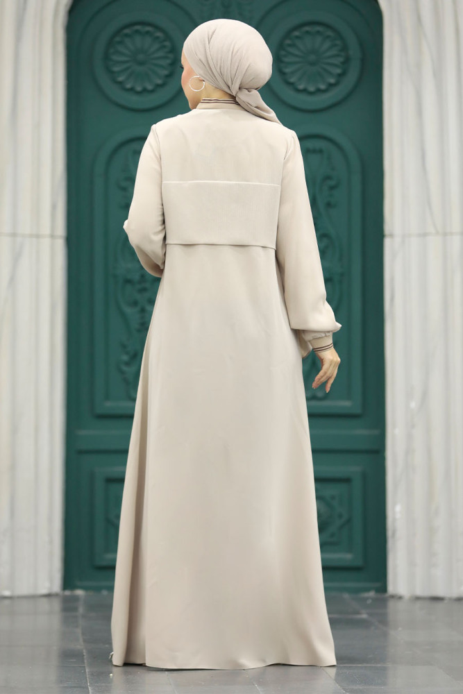 Neva Style - Fermuarlı Bej Tesettür Ferace 20075BEJ - 3