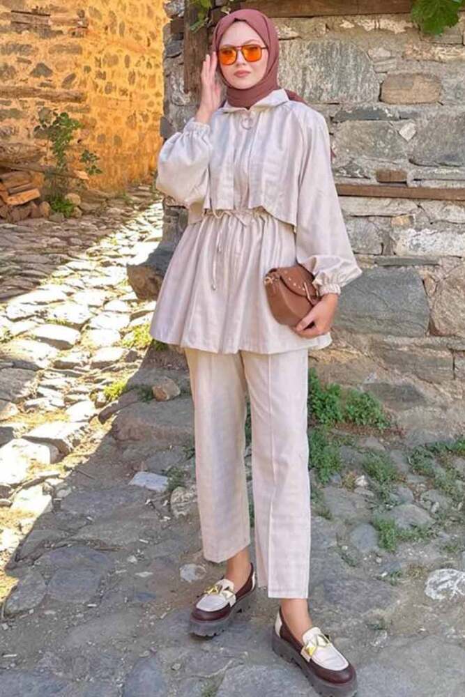 Neva Style - Fermuarlı Bej Tesettür İkili Takım 9247BEJ - 1