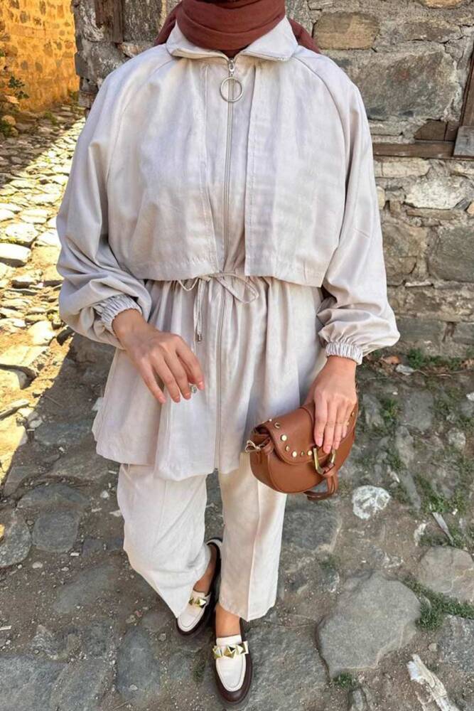 Neva Style - Fermuarlı Bej Tesettür İkili Takım 9247BEJ - 2
