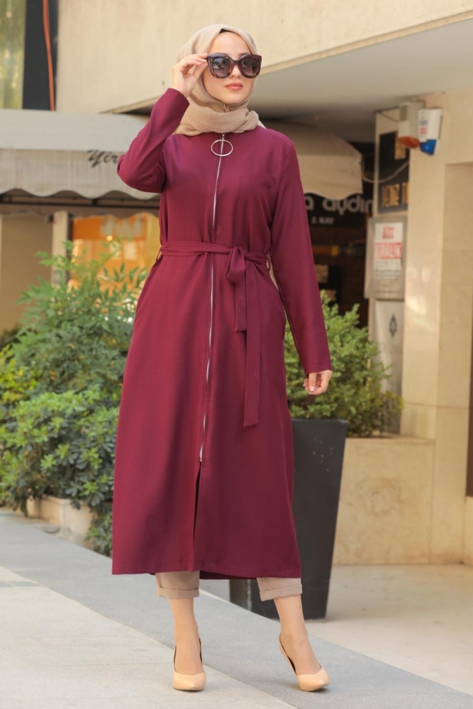 Neva Style - Fermuarlı Bordo Tesettür Kap 5554BR - 1