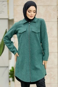 Neva Style - Fermuarlı Çağla Yeşili Tesettür Kaşe Tunik 5944CY - Thumbnail
