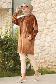 Neva Style - Fermuarlı Camel Tesettür Kadife Sweatshirt & Tunik 60450C - Thumbnail