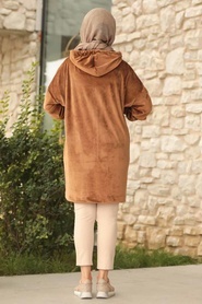 Neva Style - Fermuarlı Camel Tesettür Kadife Sweatshirt & Tunik 60450C - Thumbnail