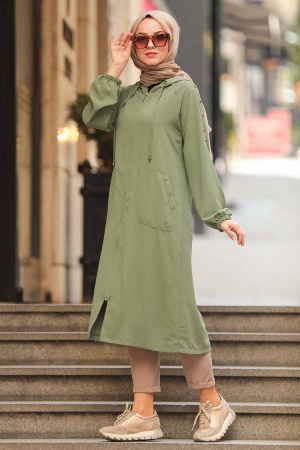 Neva Style - Fermuarlı Cepli Haki Tesettür Kap 12150HK - 1