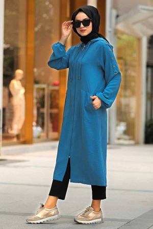 Neva Style - Fermuarlı Cepli İndigo Mavisi Tesettür Kap 12150IM - 1