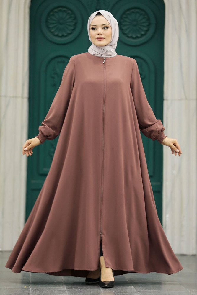 Neva Style - Fermuarlı Çikolata Tesettür Ferace 62536CK - 2