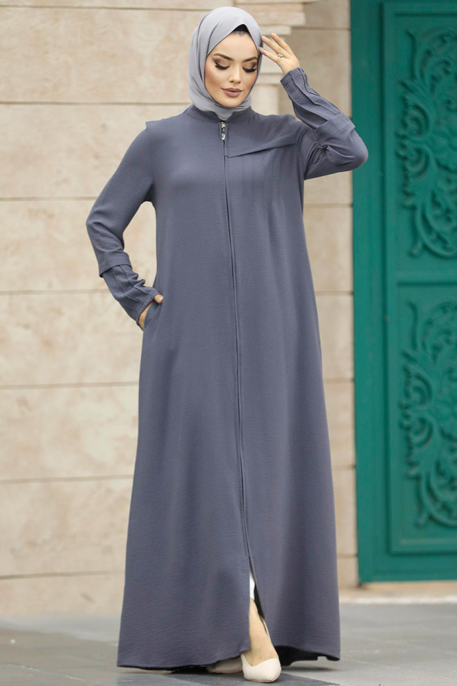 Neva Style - Fermuarlı Füme Tesettür Ferace 1098FU - 2