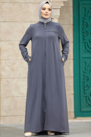 Neva Style - Fermuarlı Füme Tesettür Ferace 1098FU - 3
