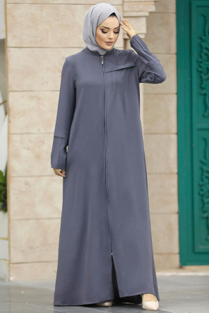 Neva Style - Fermuarlı Füme Tesettür Ferace 1098FU - 1