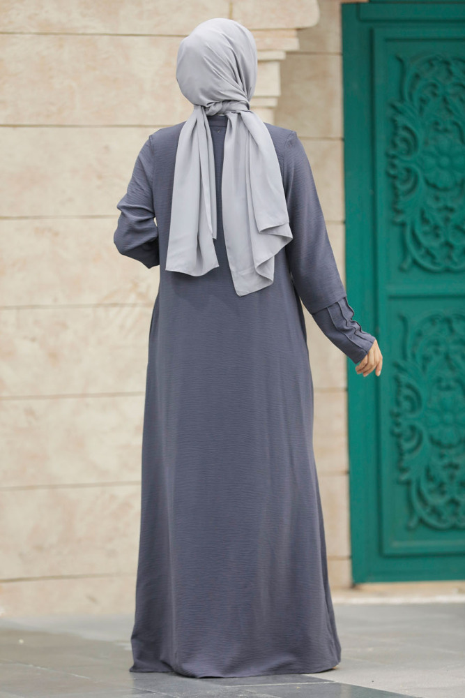 Neva Style - Fermuarlı Füme Tesettür Ferace 1098FU - 4