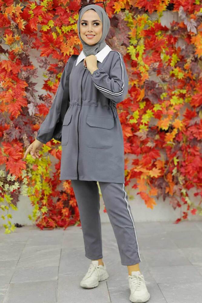 Neva Style - Fermuarlı Füme Tesettür İkili Takım 22144FU - 2