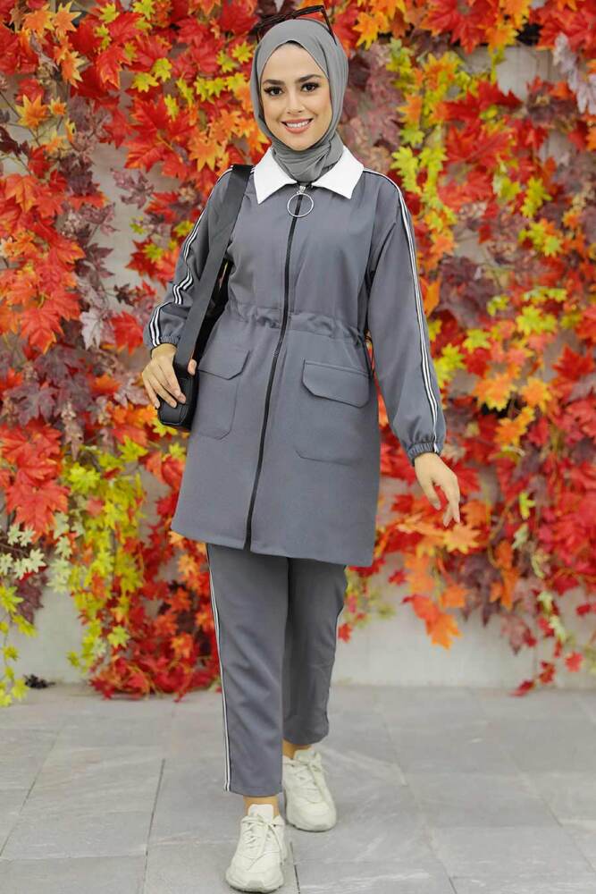 Neva Style - Fermuarlı Füme Tesettür İkili Takım 22144FU - 1
