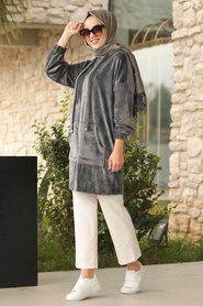 Neva Style - Fermuarlı Füme Tesettür Kadife Sweatshirt & Tunik 60450FU - Thumbnail