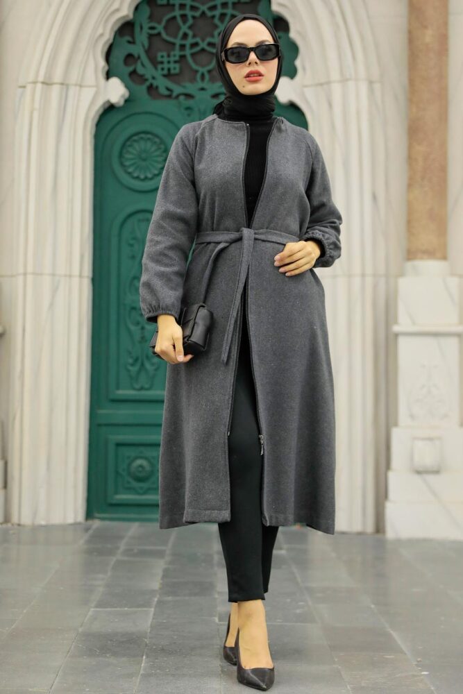 Neva Style - Fermuarlı Füme Tesettür Kaşe Kap 5822FU - 2