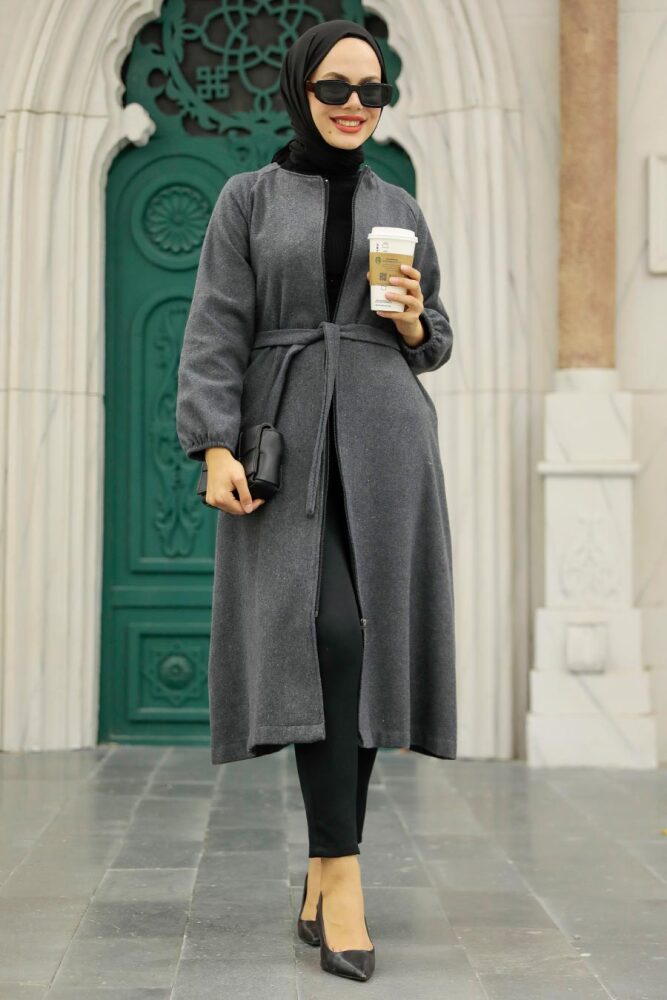 Neva Style - Fermuarlı Füme Tesettür Kaşe Kap 5822FU - 3