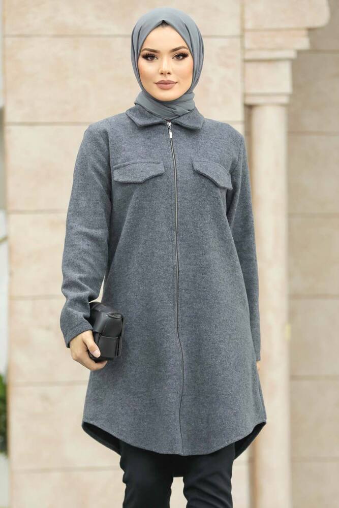 Neva Style - Fermuarlı Füme Tesettür Kaşe Tunik 5944FU - 1