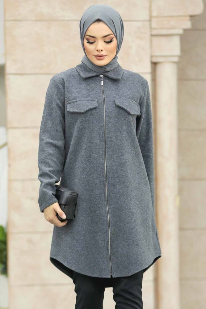 Neva Style - Fermuarlı Füme Tesettür Kaşe Tunik 5944FU - 2