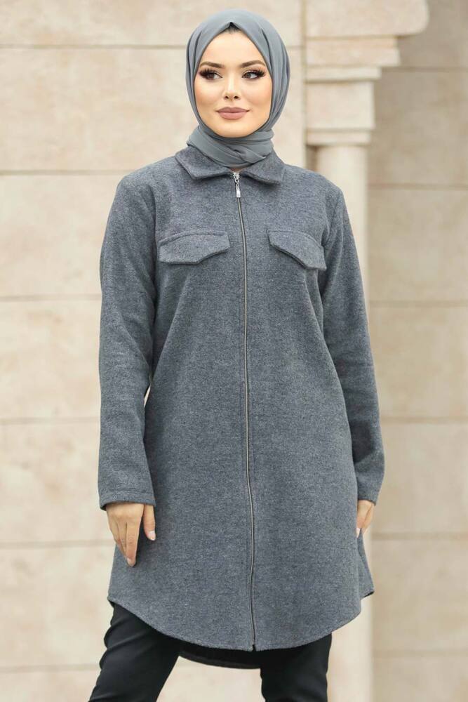 Neva Style - Fermuarlı Füme Tesettür Kaşe Tunik 5944FU - 3