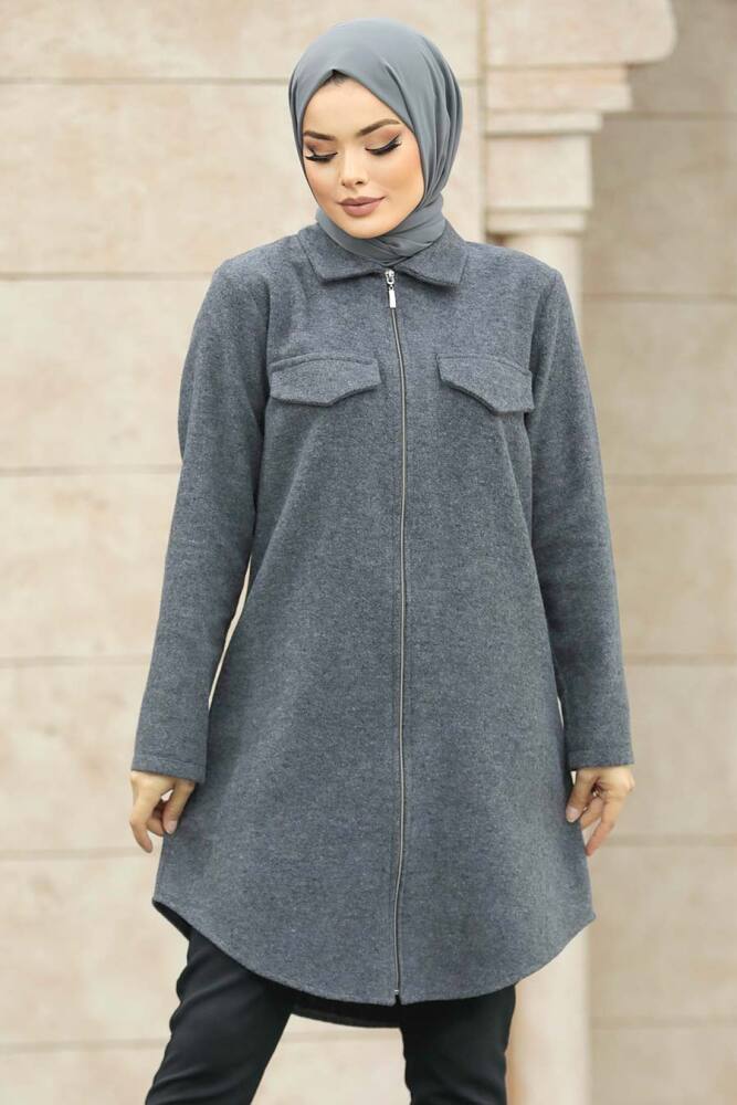 Neva Style - Fermuarlı Füme Tesettür Kaşe Tunik 5944FU - 4