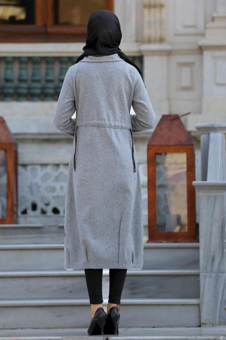Neva Style - Fermuarlı Gri Kaşe Tesettür Kap 2163GR - 2