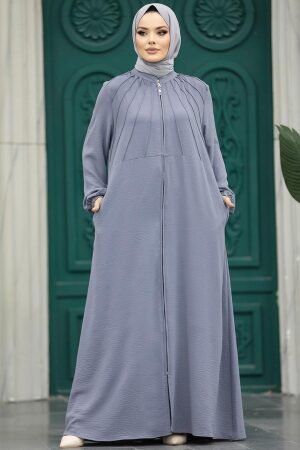 Neva Style - Fermuarlı Gri Tesettür Ferace 11065GR - 2