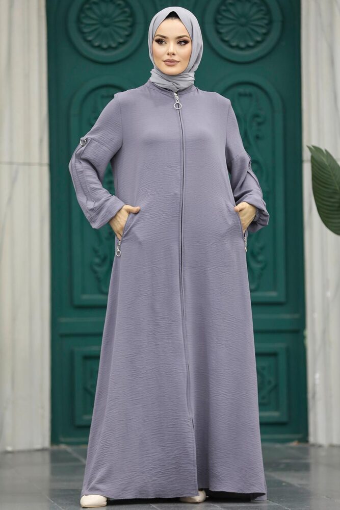 Neva Style - Fermuarlı Gri Tesettür Ferace 11070GR - 1