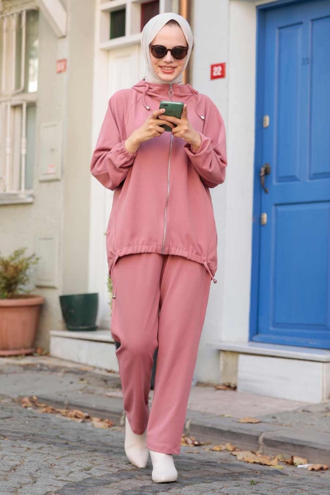 Neva Style - Fermuarlı Gül Kurusu Tesettür İkili Takım 1288GK - 1